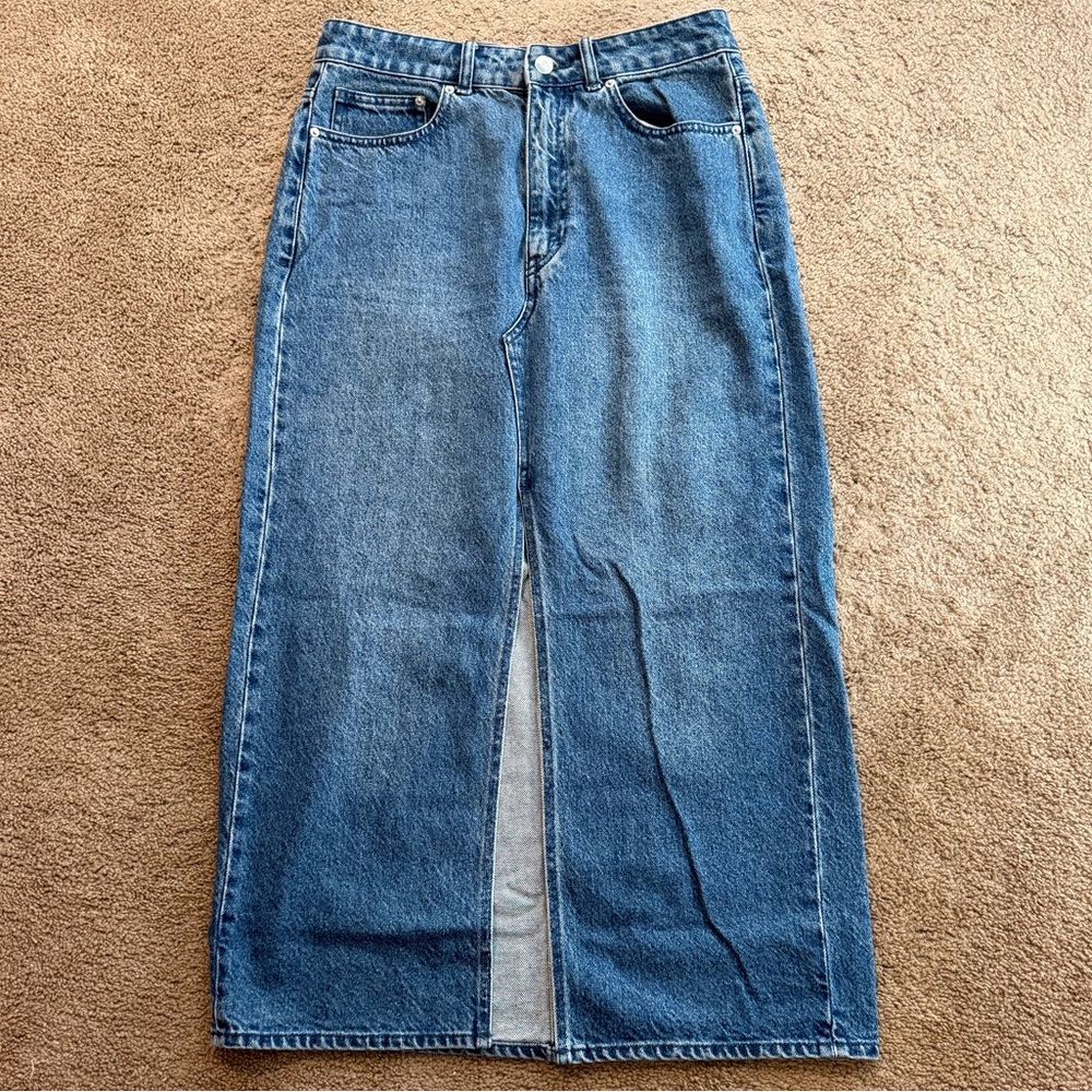 Denim Midi Skirt with Front Slit